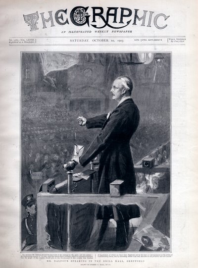 Arthur James Balfour (1848-1930), British politician and statesman speaking in the drill hall, Sheffield by Sydney Prior Hall